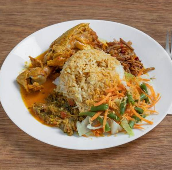 Chicken Curry, Salad, and Anchovy Tempe